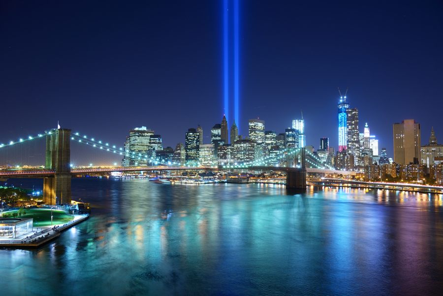 Lower Manhattan at night across the water